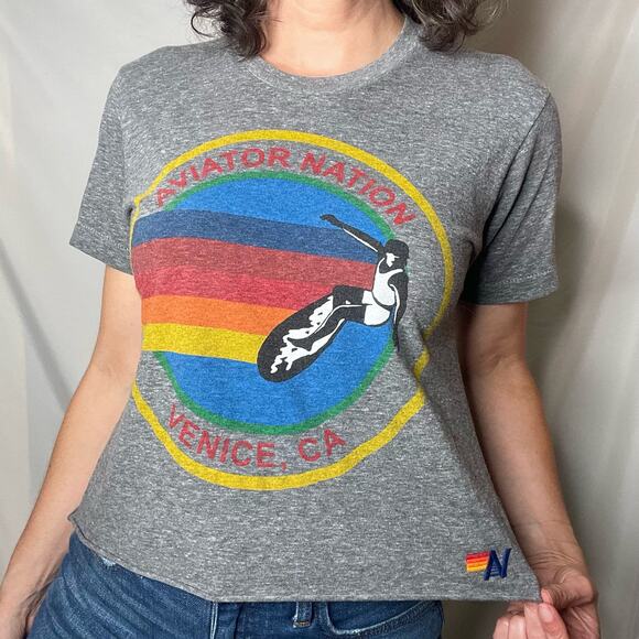 Aviator Nation logo boyfriend cropped tee Venice CA California crop top grey S - Picture 1 of 17